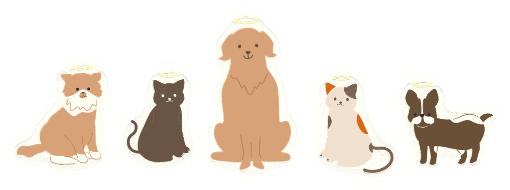 虹の橋に向かうペットたちを描いた優しいイラスト